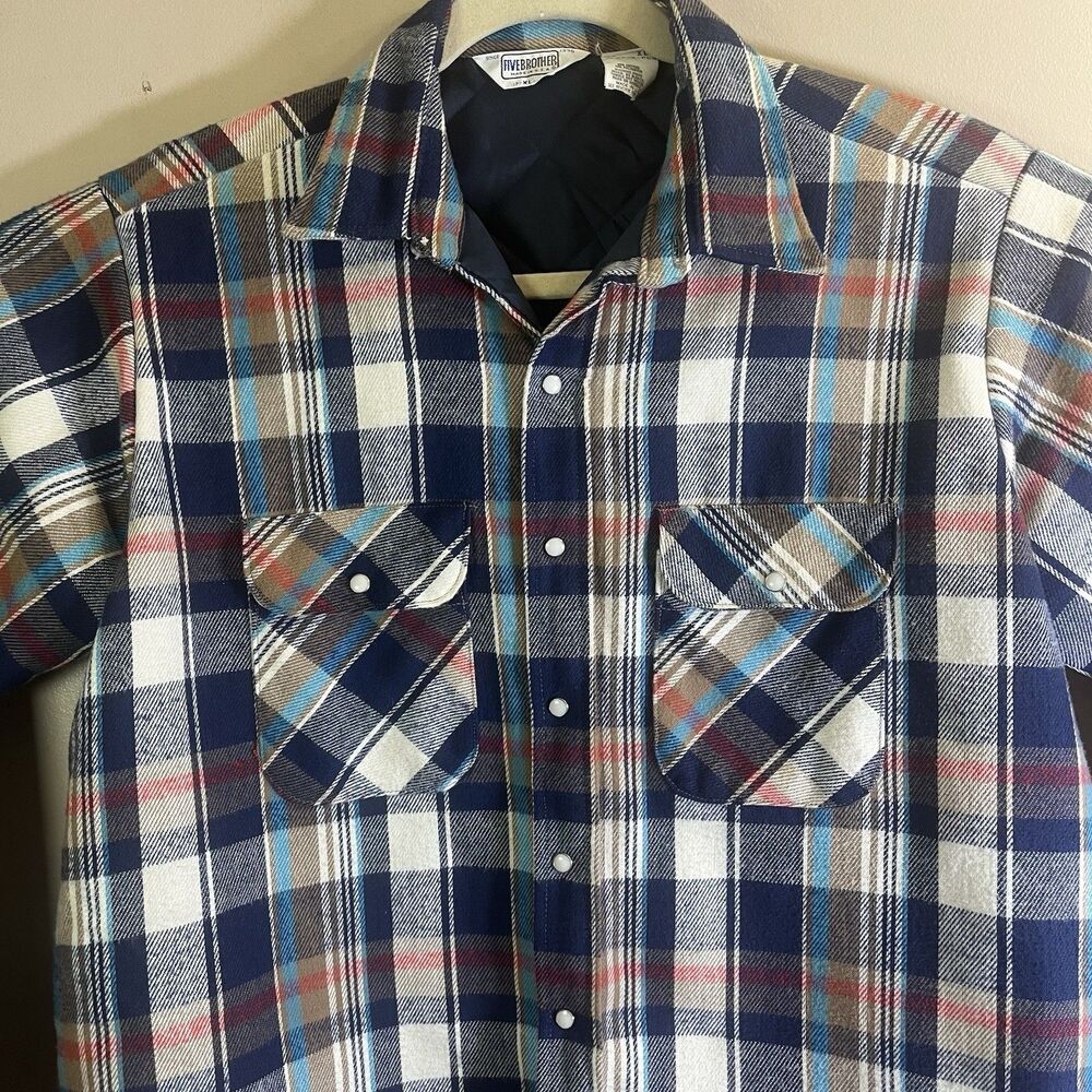Vtg Five Brother Flannel Shirt XL Plaid Navy Blue Red Cotton Workwear  80's 90's